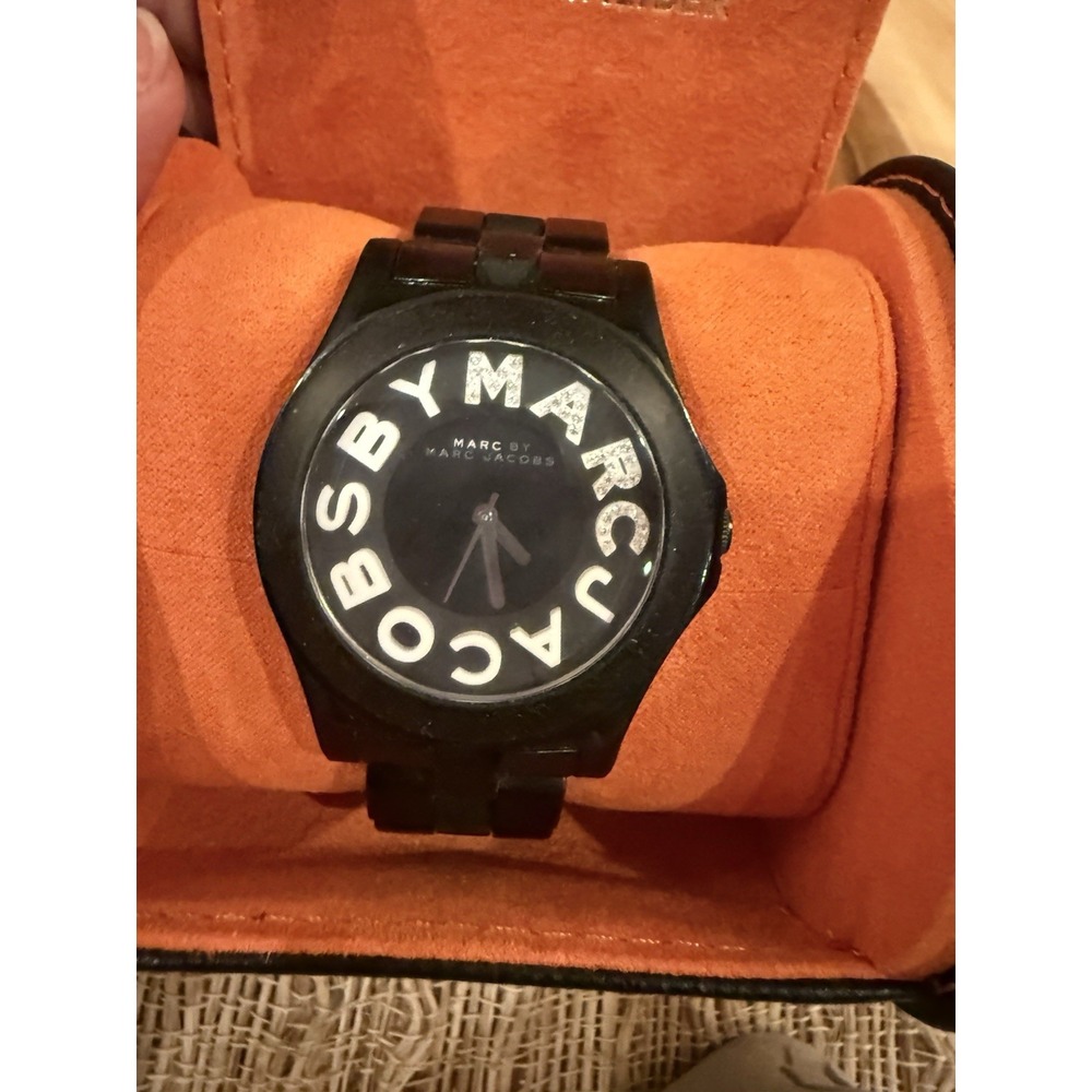 Marc Jacobs Black Acrylic‎ Swarovski Crystal Logo Rivera Watch MBM8565 Rare
